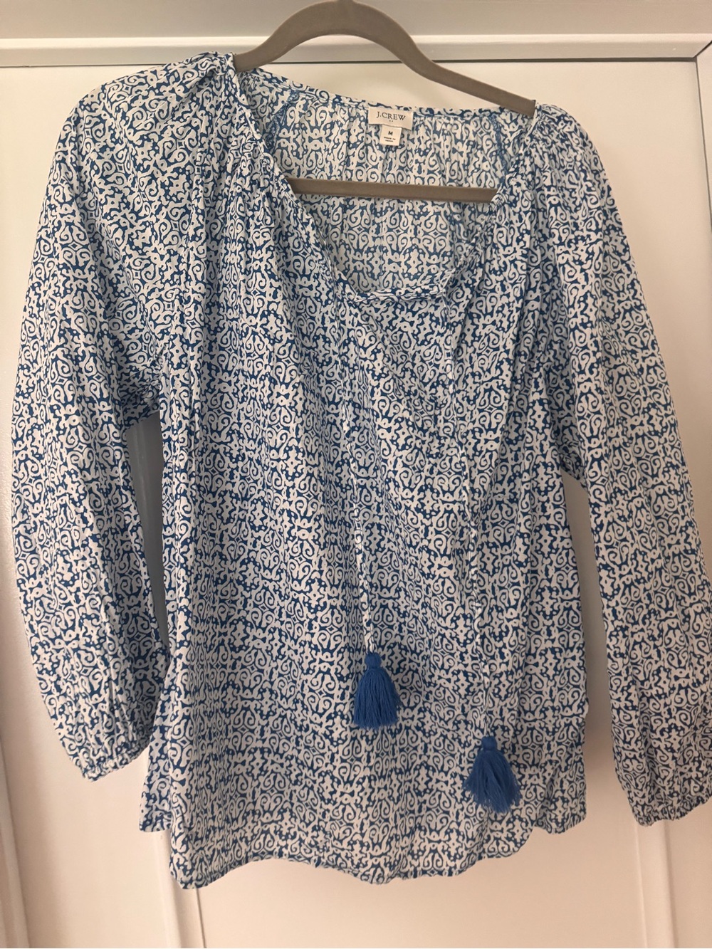 J. Crew Blue and White Printed Tassel Peasant Tunic